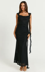 Rosha Midi Dress - Ruffle Strap Dress in Black