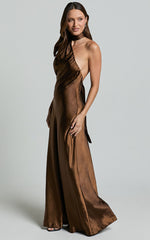 Ryan Maxi Dress - Tie Neck One Shoulder Dress in Chocolate