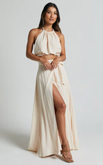 Wenalyn Two Piece Set - Halter Neck Crop Top and Thigh Split Midi Skirt Set in Natural