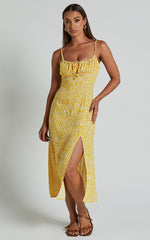Willa Midi Dress - Ruched Bust Thigh Split Dress in Yellow Floral