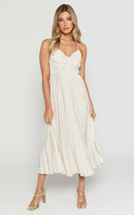 Zayla Midi Dress - Plisse Twist Front Dress in Oyster