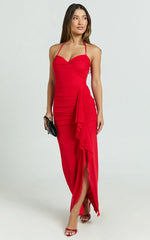 Silvana Midi Dress - Halter Ruched Side Split Dress in Red