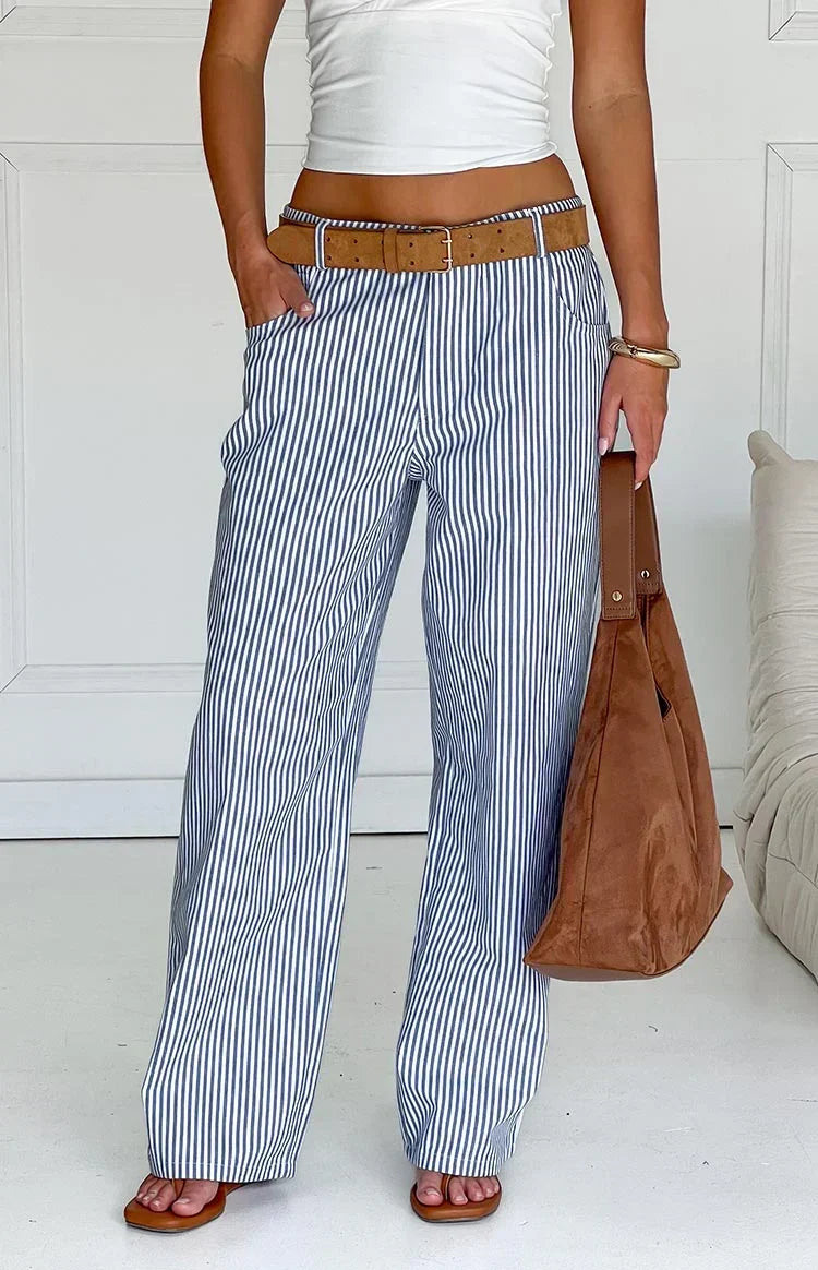 Amity Navy Stripe Mid Rise Straight Leg Jeans