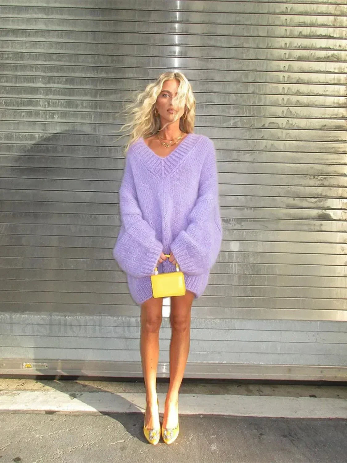 Elegant Purple Deep V Neck Knitted Pullover Casual Long Sleeves Loose Sweater