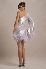 Free Soul Lilac Sequin One Shoulder Feather Trim Mini Dress