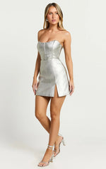 Cooper Mini Dress - Metallic Strapless Dress in Silver