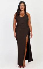 Ruby Maxi Dress - Halter Scoop Neck Low Back Bodycon Dress in Chocolate