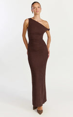 Veda Maxi Dress - Asymmetric One Shoulder Ruched Maxi Dress in Chocolate