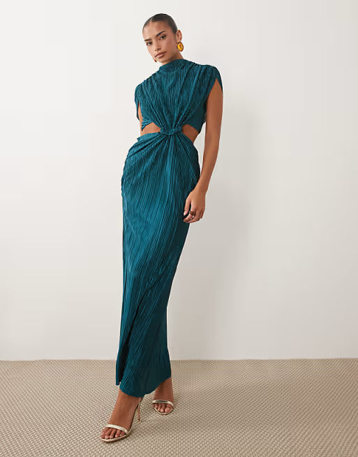 batwing plait ruched waist plisse dress in blue teal