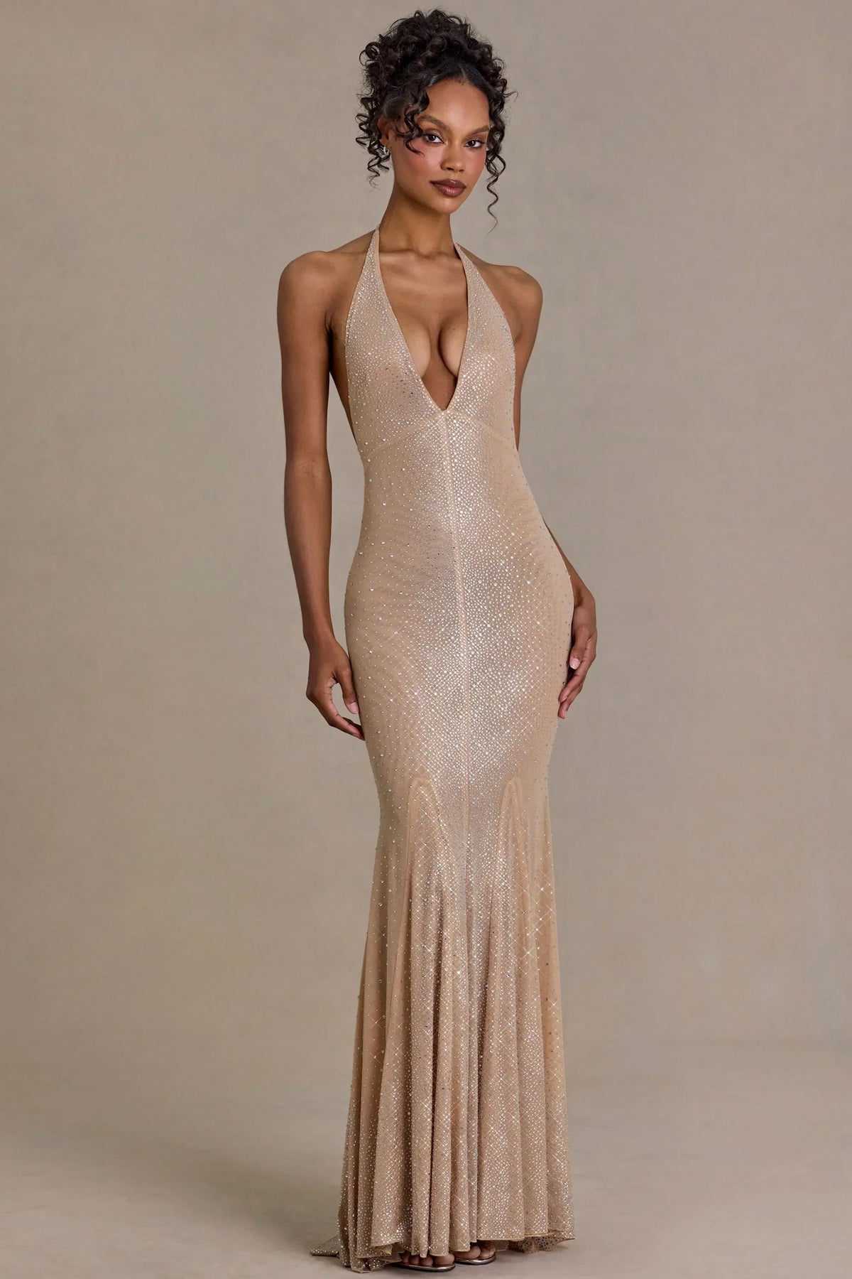 Embellished Plunge Neck Open Back Gown in Beige Gold