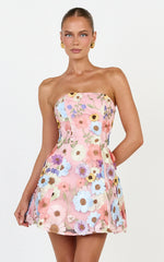 Cosima Mini Dress - Strapless 3D Floral Fit And Flare Dress in Multi