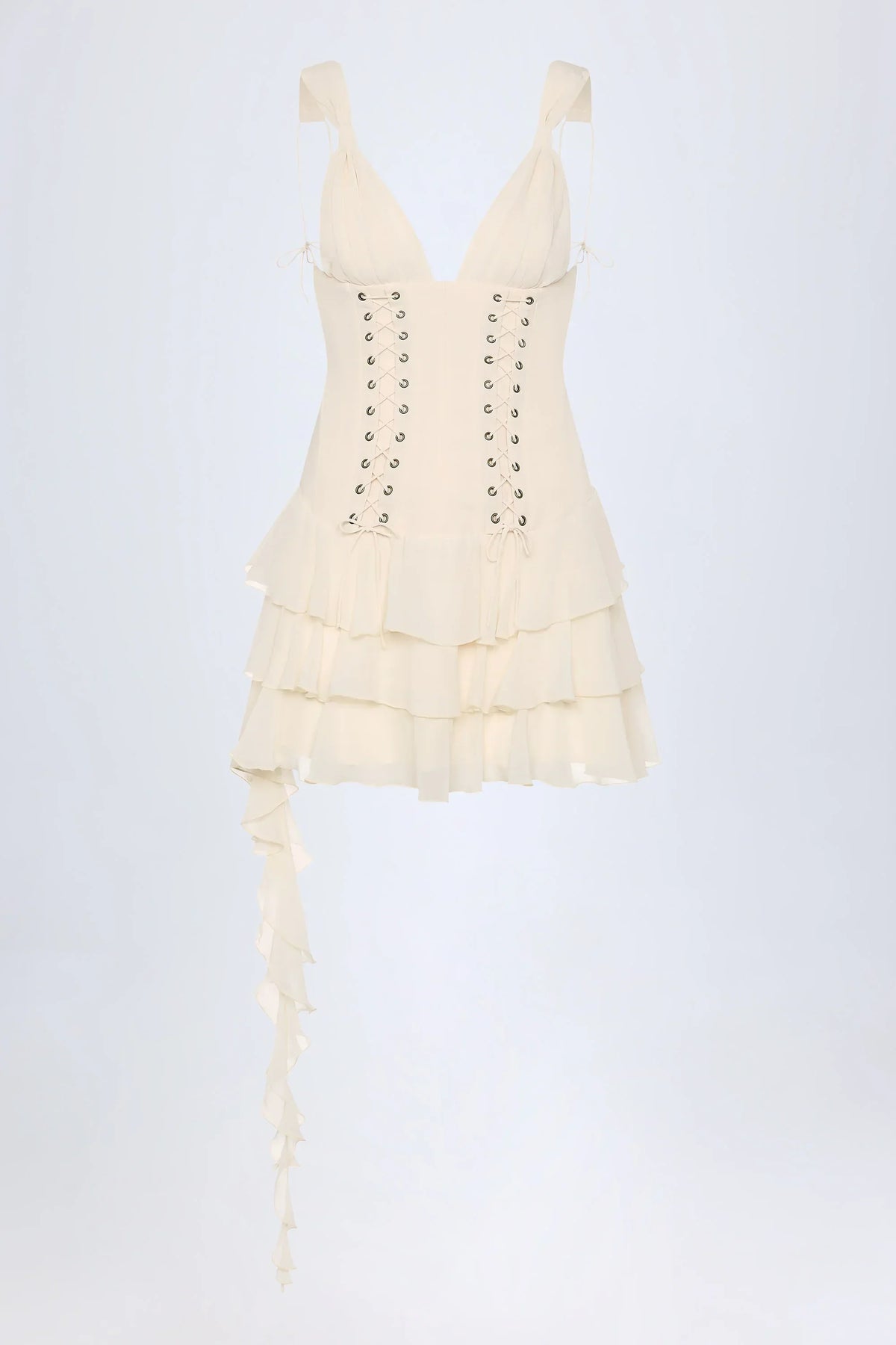 Lace Up Ruffled Tiered Mini Dress in Ivory