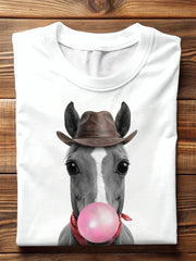 Western Cowboy Horse Blowing Pink Bubble Gum Crew Neck T-shirt