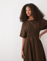 Threadbare cotton poplin short sleeve midi dress in chocolate brown