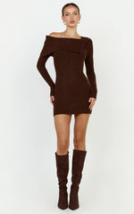 Tess Mini Dress - Asymmetric Off Shoulder Long Sleeve Knit Dress in Chocolate