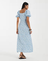 Vero Moda puff sleeve tie front detail maxi dress in blue floral print