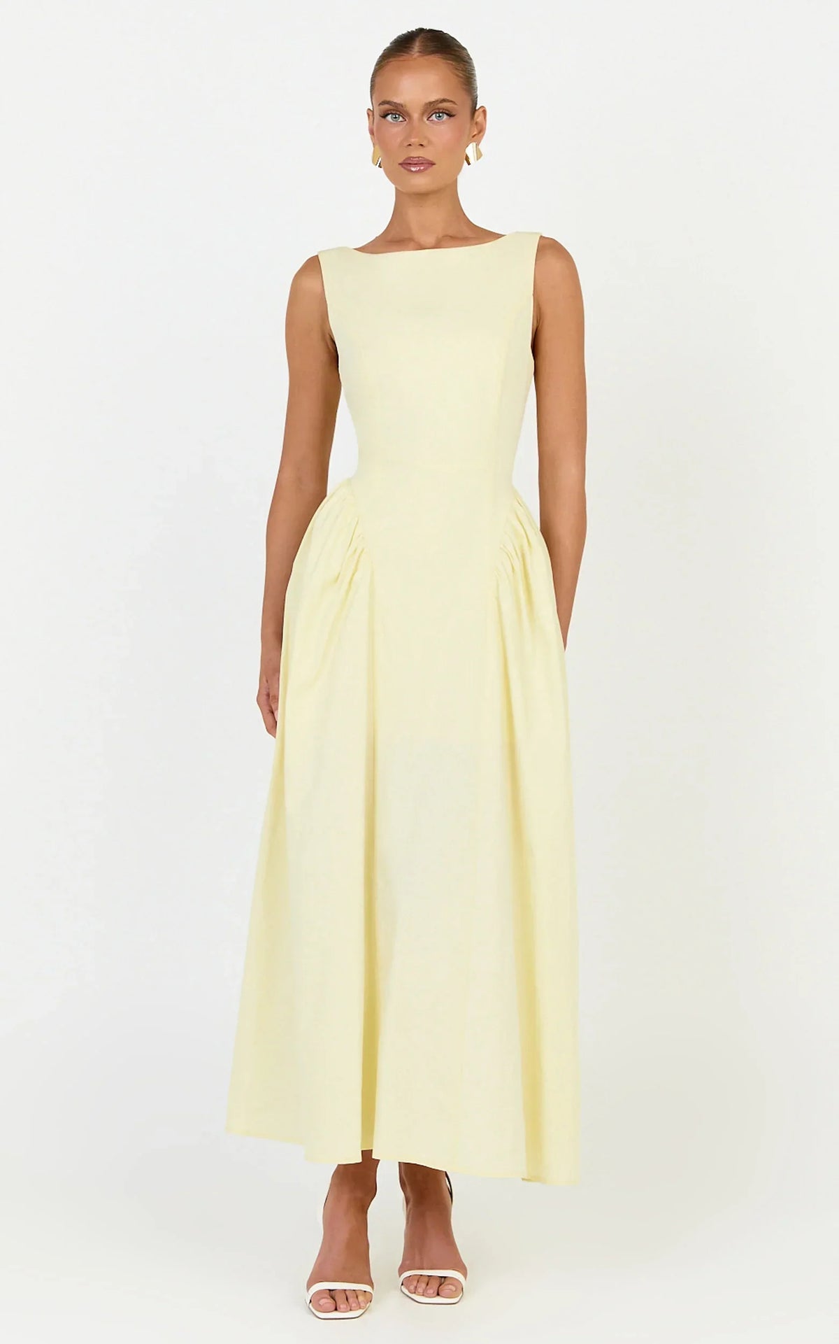 Casina Midi Dress - Boat Neck Tie Back Fit And Flare Dress in Yellow
