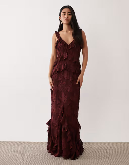 Pretty Lavish devore frill detailing cami maxi dress in mahogany red