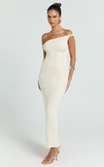 Isabel Midi Dress - Twist Off Shoulder Bodycon Dress in Cream