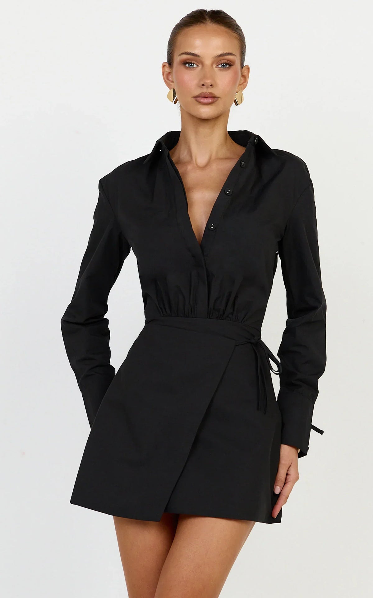Heath Mini Dress - Collared Button Up Shirt Dress in Black