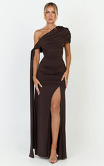 Bree Maxi Dress - Cape Tie Off Shoulder Fit And Flare Dress in Chocolate