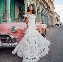 JuliaFashion - White Lace Petal Sleeve Vintage Maxi Dress