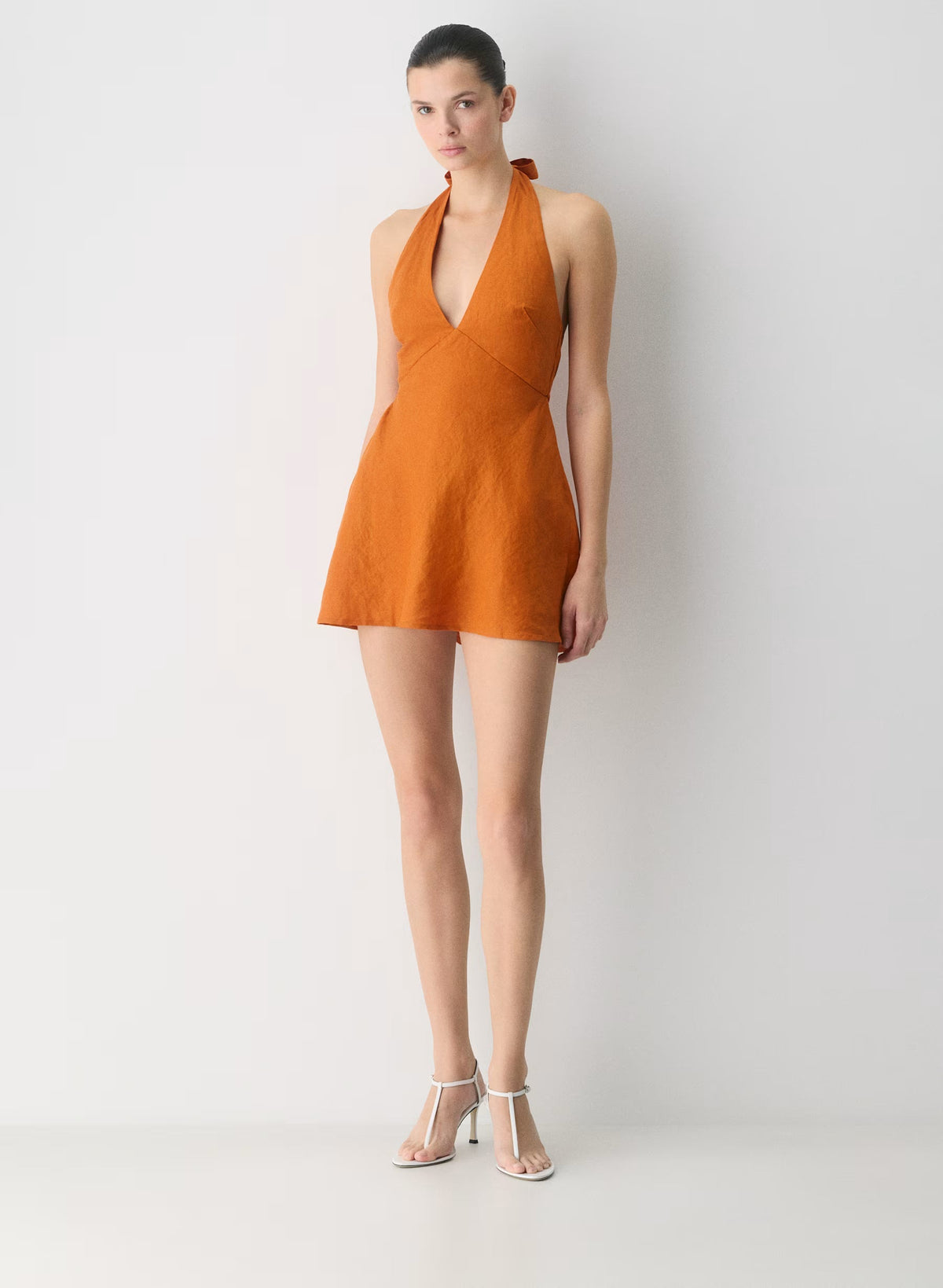 Nightscape Linen Halter Micro Dress-mesa orange