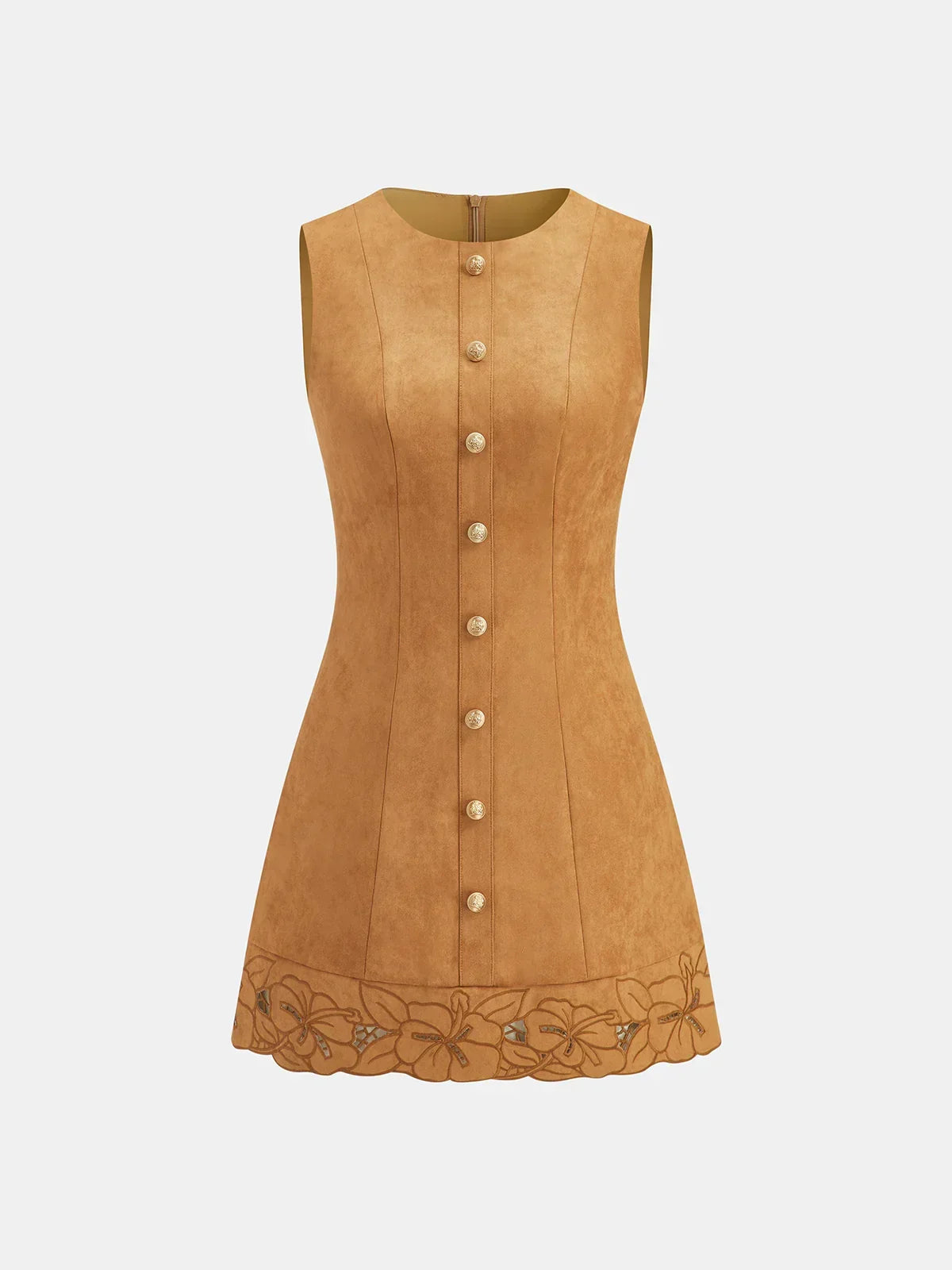 Suede Effect Floral Embroidered Sleeveless Mini Dress
