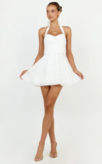 Seraphina Mini Dress - Halter Neck Clipped Jacquard Dress in White
