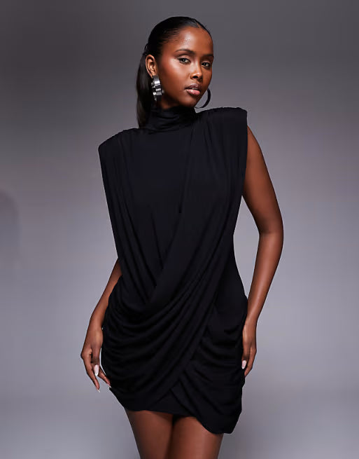 Ruched & Ready sculpting high neck padded shoulder detail extreme draped front mini dress in black
