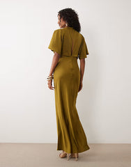 satin high neck blouson maxi dress with flutter sleeve in dark khaki