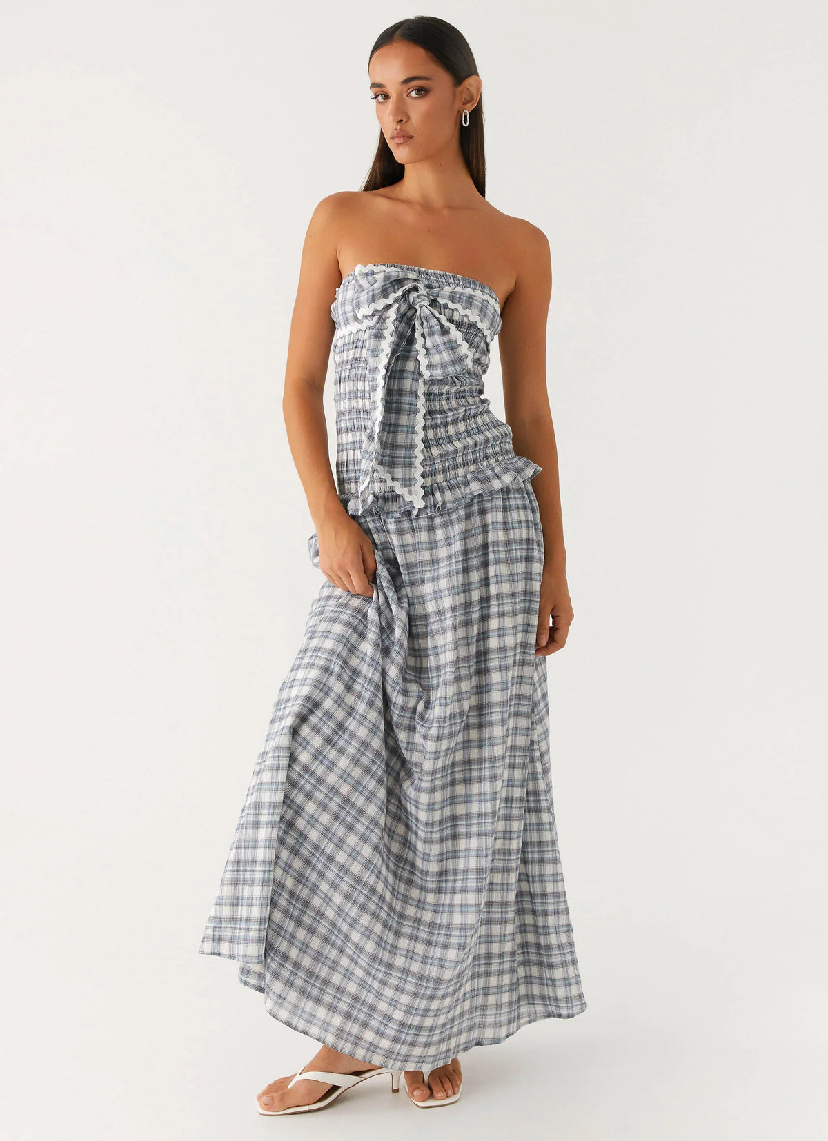 Malia Shirred Maxi Dress Blue Grey Check