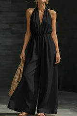 Solid Color V-neck Sleeveless Backless Casual Pocket Loose Wide-leg Jumpsuit