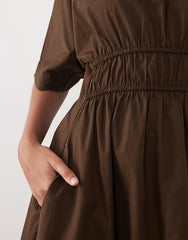 Threadbare cotton poplin short sleeve midi dress in chocolate brown