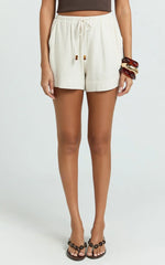Ruby Short - Beaded Drawstring Relaxed Linen Shorts in Natural