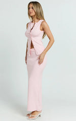 Brittany Two Piece Top and Skirt Set - Ribbed Midi Skirt Set in Pale Pink