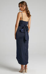 How Will I Know Midi Dress - Wrap Waist Tie Tulip Hem Dress in Navy