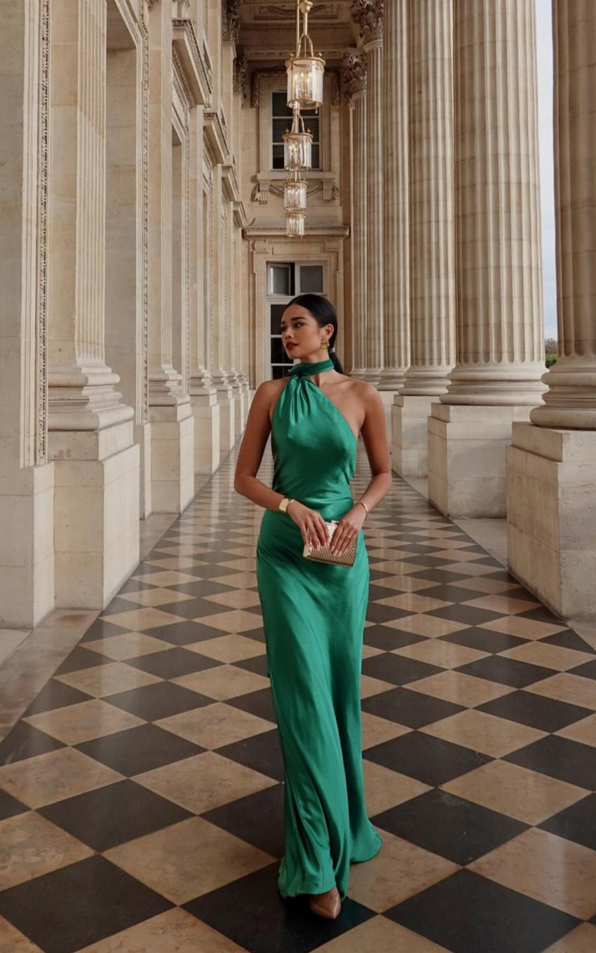 Ryan Maxi Dress - Tie Neck One Shoulder Dress in Forest Green
