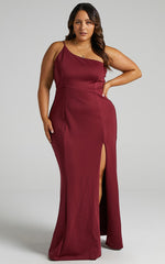 No Ones Fault Midi Dress - One Shoulder Thigh Split Dress in Wine