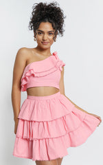 Rooftop SpritzTwo Piece Set - One Shoulder Ruffle Top and Mini Skirt Set in Light Pink Linen Look